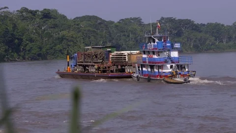 Cargo Ship - Ferry - Napo River - Oil Industry - Amazon Stock Footage 73248901
