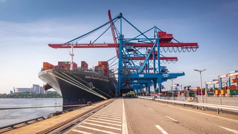 Cargo Ship getting loaded, Hamburg Stock Footage 166556565