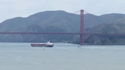 Cargo ship glides beneath towering Golden Gate Bridge, small boats trail white Stock Footage 339994441