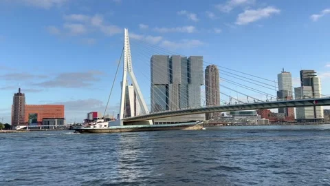 Cargo ship is going under Erasmus bridge. Skyline of Rotterdam. Netherlands Stock-Footage 219257506