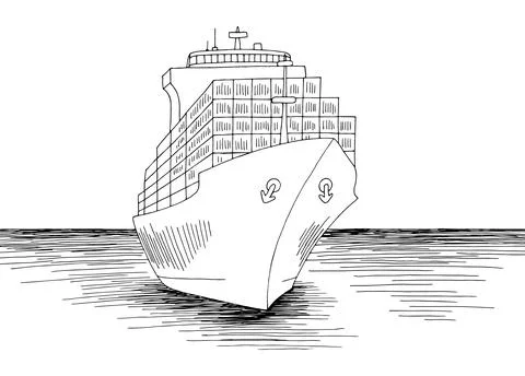 Cargo ship graphic black white sea landscape sketch illustration vector イラスト素材