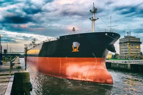 Cargo ship in harbor Stock Photos