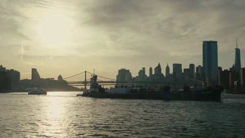 Cargo ship on a Hudson river, Manhattan in the background, New York Stock Footage 236673304