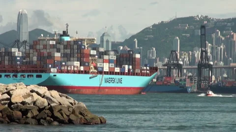 Cargo ship leaves Hong Kong port, container terminal in China Stock Footage