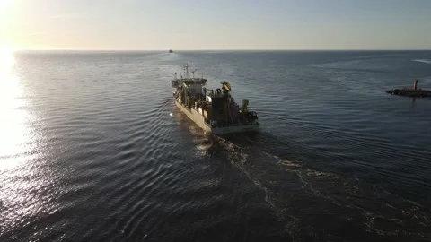 Cargo ship leaving river Stock Footage 159278153