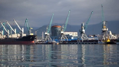 Cargo ship-lifting cranes in the harbor Stock Footage 102600903