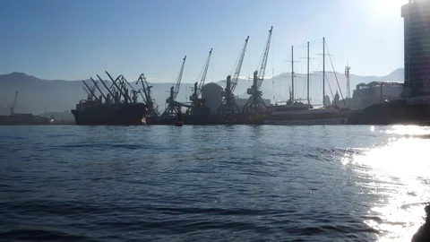 Cargo ship-lifting cranes in the harbor Stock Footage 102601284