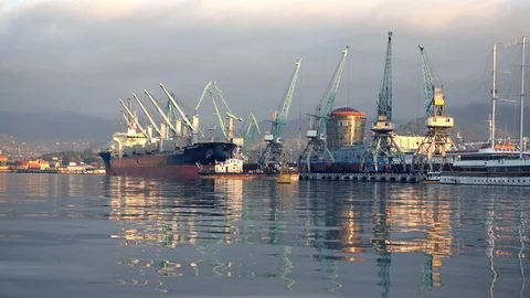 Cargo ship-lifting cranes in the harbor Stock Footage 102848991