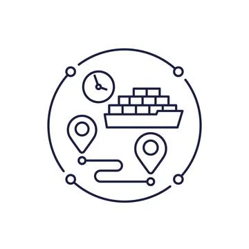 Cargo ship line icon, freight shipping time icon or shipment delay Stock Illustration