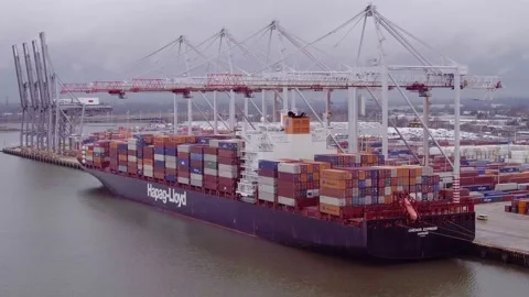 Cargo Ship Loaded with Containers Docked in Southampton Aerial Drone Footage Stock Footage 172316063