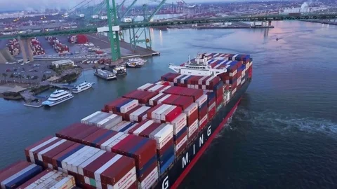 Cargo ship loaded with containers moving under the bridge at harbor 库存影片 83695436