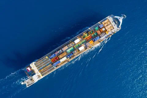 Cargo Ship loaded with large shipping crates, Aerial image Stock Photos
