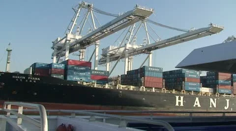Cargo Ship Loaded with Stack Cars Oakland CA Stock Footage 10741839