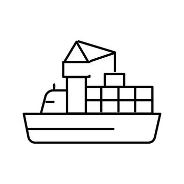 Cargo ship loading containers with crane line art Illustrazione stock