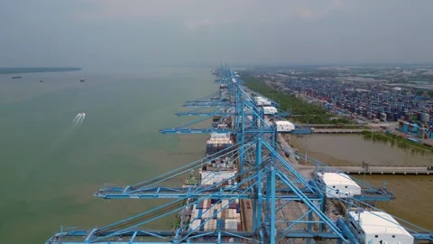 Cargo ship loading containers, North Port Klang. Nice aerial view drone Stock Footage 344622030