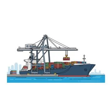 Cargo ship loading containers at port with cranes and city skyline Stock Illustration