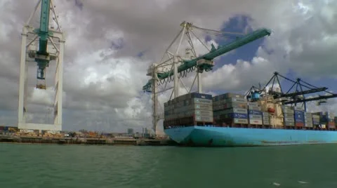 Cargo ship at loading docks at Port of Miami Stock Footage