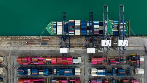 Cargo Ship Loading Freight Containers At Laem Chabang Port Marine Terminal .. Stock Photos