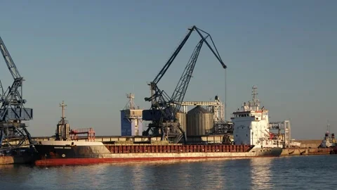 Cargo ship loading grain at industrial port terminal Stock Footage 345004697
