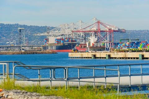 Cargo Ship Loading at Port of Long Beach California Stock Photos