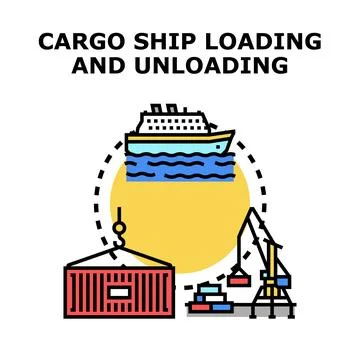 Cargo ship loading unloading containers commerce process Illustrazione stock