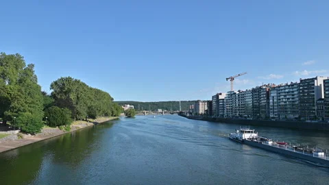 Cargo ship on the Meuse in Liege Stock Footage 281081327