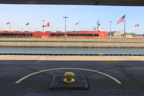 Cargo ship moving through Soo Locks (Sault Locks) in Michigan Stock Photos