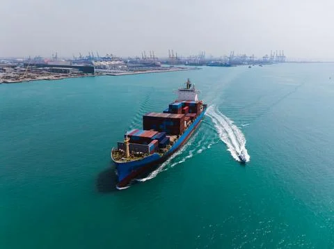 Cargo Ship Navigating Containers Through Laem Chabang Industrial Port Wide Sh Stock Photos