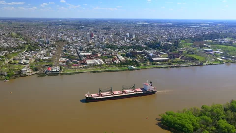 Cargo Ship Navigating Parana River Near Zarate Riverfront, Argentina Stock Footage 346318416