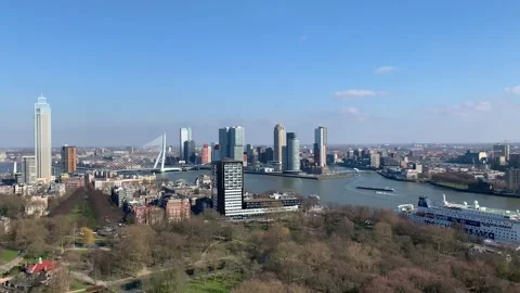 Cargo ship at New Meuse river. Skyline of Rotterdam downtown. Netherlands Stock Footage 171924764