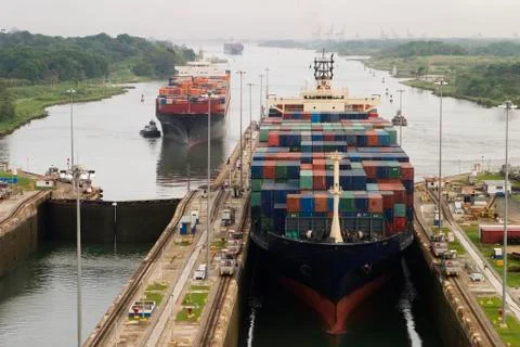 Cargo ship in panama canal Stock Photos