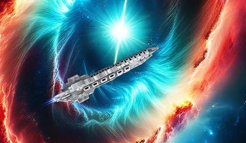 Cargo Ship passes a Nebula Stock Illustration
