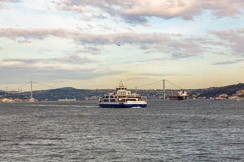 A cargo ship passes through the Bosphorus Strait in Turkey Stock Photos