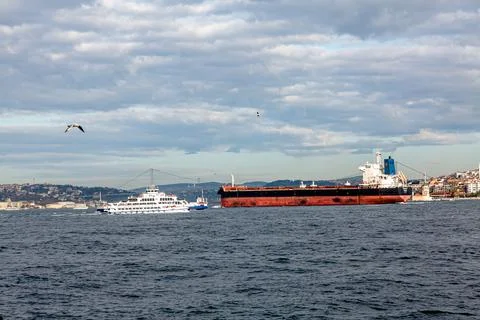 A cargo ship passes through the Bosphorus Strait in Turkey Foto stock