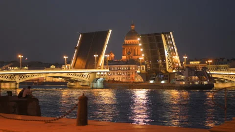 Cargo ship passes through the opened bascule bridge in St. Petersburg, Russia Stock Footage 156279248