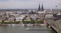 Cargo Ship Passing Rhine River German City Cologne Skyline Aerial View Cathedral HD Footage