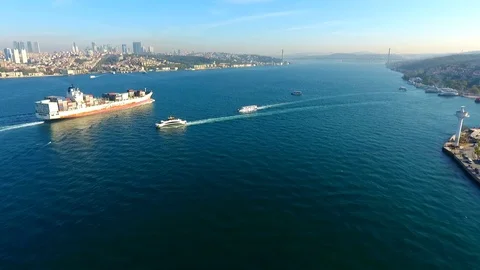 Cargo ship passing through the Bosphorus Stock Footage 110845861
