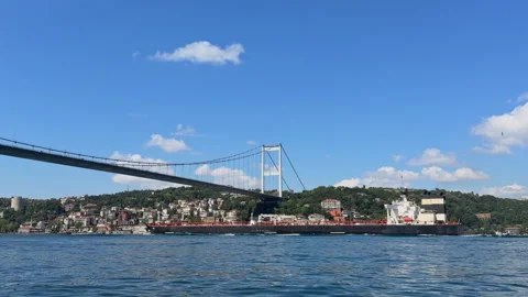 Cargo Ship Passing Under Bosphorus Bridge Istanbul Stock Footage 340914656