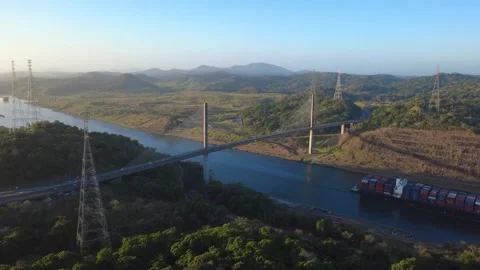 Cargo Ship Passing Under Centennial Bridge over the Panama canal. Stock Footage 330736153