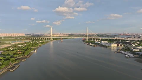 Cargo Ship Passing Under Modern Cable-Stayed Bridge on Huangpu River in Shanghai Stock Footage 312728967