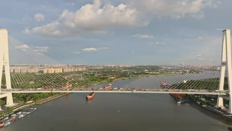 Cargo Ship Passing Under Modern Cable-Stayed Bridge on Huangpu River in Shanghai Stock Footage 312729116