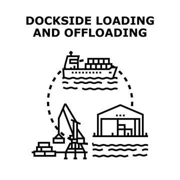 Cargo ship at port loading offloading containers Illustrazione stock