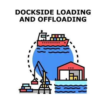 Cargo ship at port loading offloading containers Illustrazione stock