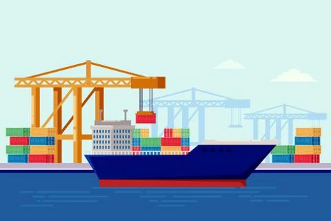Cargo ship in port, vector flat illustration. Port crane lifts colorful metal Illustrazione stock