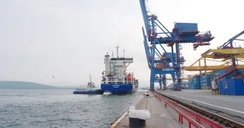 Cargo ship rests beside towering cranes under cloudy sky Видео 320773737