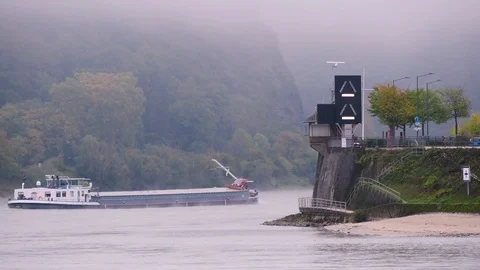 A cargo ship on the Rhine at the Loreley Stock Footage 118956682