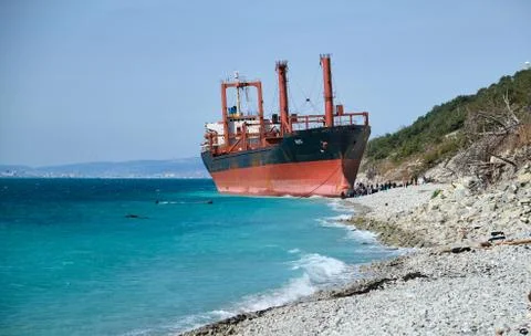 Cargo ship Rio under the flag of Togo ran aground in a storm Stock Photos