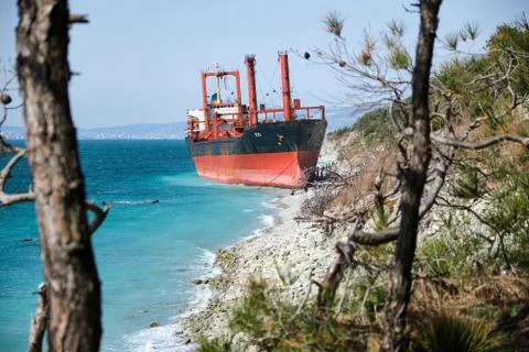 Cargo ship Rio under the flag of Togo ran aground in a storm Stock Photos