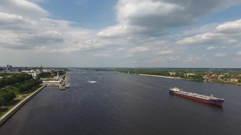 Cargo ship is on the river Video stock 93342279