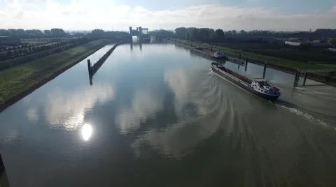 Cargo ship on the river view from sky Stock Footage 55780070